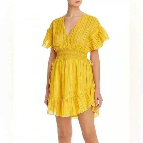 Saylor Adrianne Ruffle-Sleeve Mini Dress Size XS Yellow Stripes Smocked - Picture 1 of 10